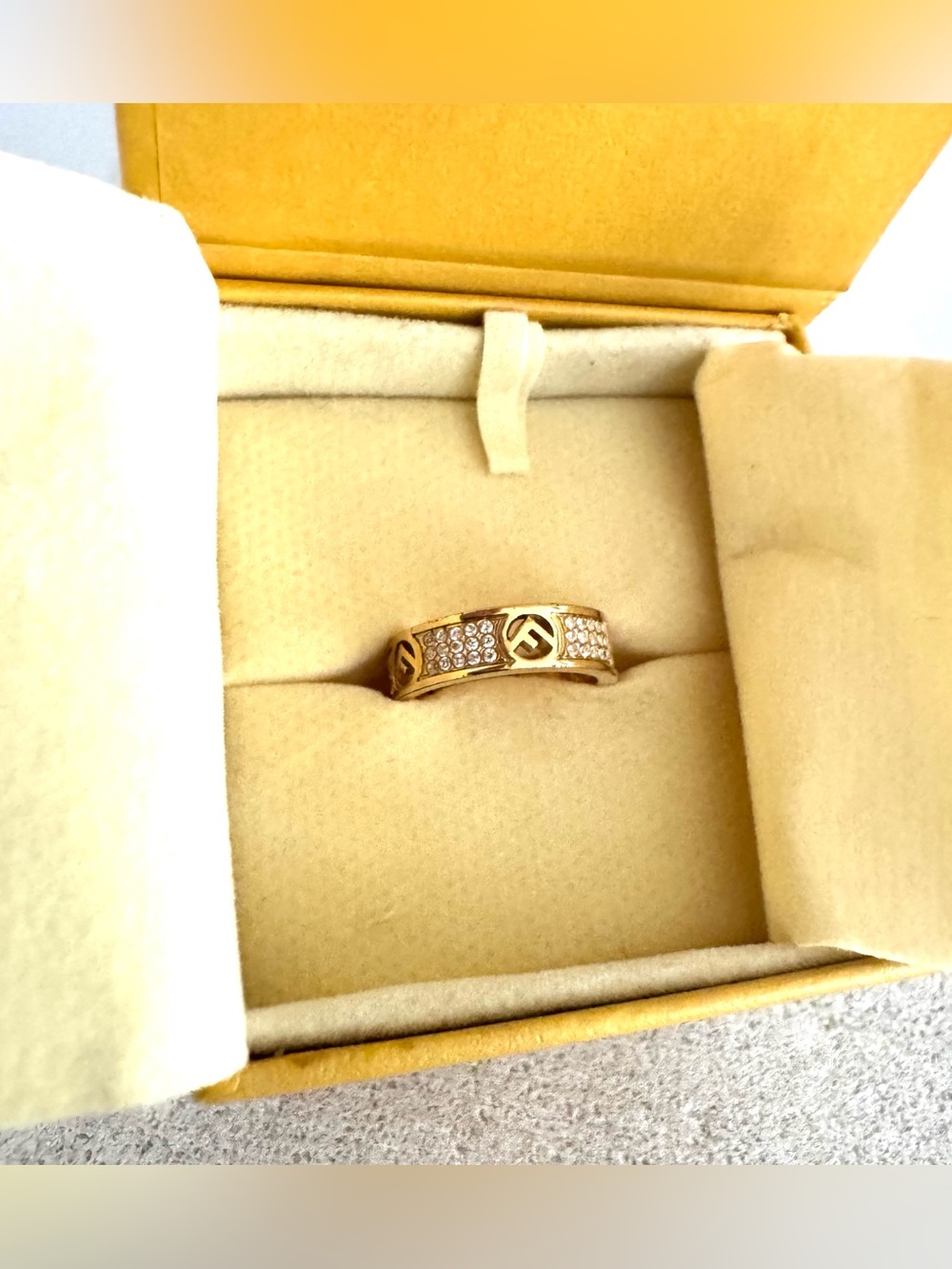 FENDI - FF Crystal Gold Tone Ring Size M Approx US 6.5-7 w Box - Picture 8 of 8